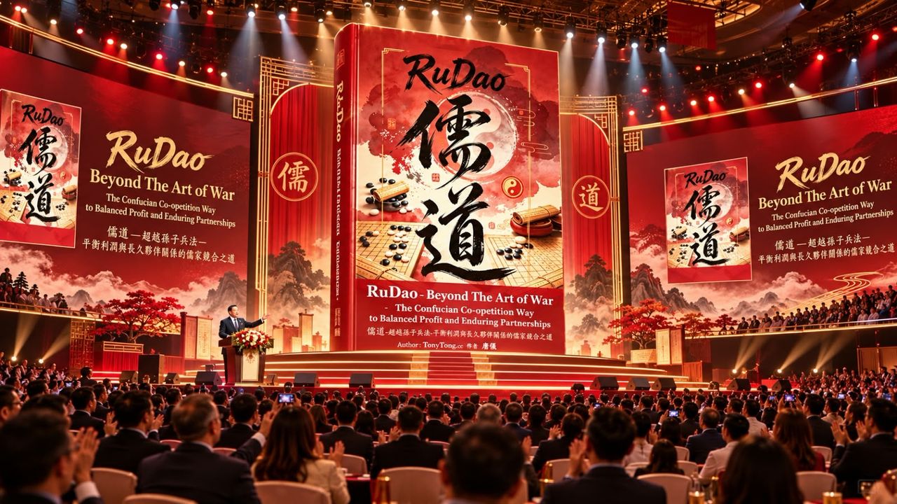 RuDao 儒道 book launch keynote event — author Tony Tong 唐仪 on stage, giant vermillion RuDao Beyond The Art of War book cover on LED screens